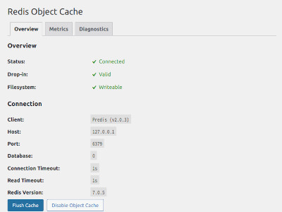 Redis Object Cache Settings 画面
